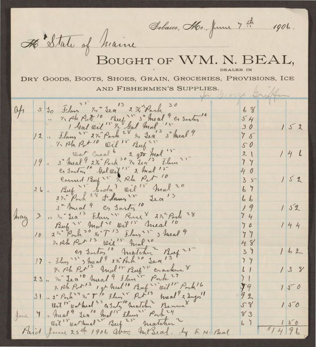 Miniature of Account with William N. Beal for supplies to George Griffin of Malaga Island