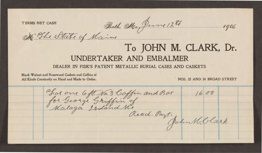 Miniature of Account with John M. Clark for coffin and box for George Griffin