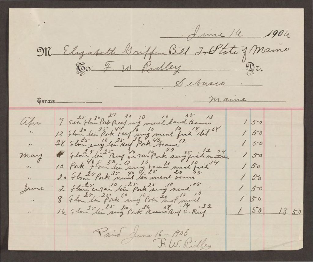 Miniature of Account with F.W. Ridley for Elizabeth Griffin