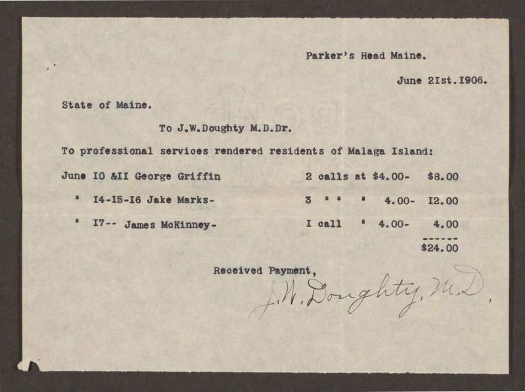 Miniature of Receipt from J.W. Doughty, M.D. for services rendered to George Griffin, Jake Marks, and James McKinney