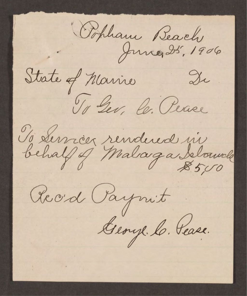 Miniature of Account with George C. Pease for services rendered in behalf of paupers on Malaga Island