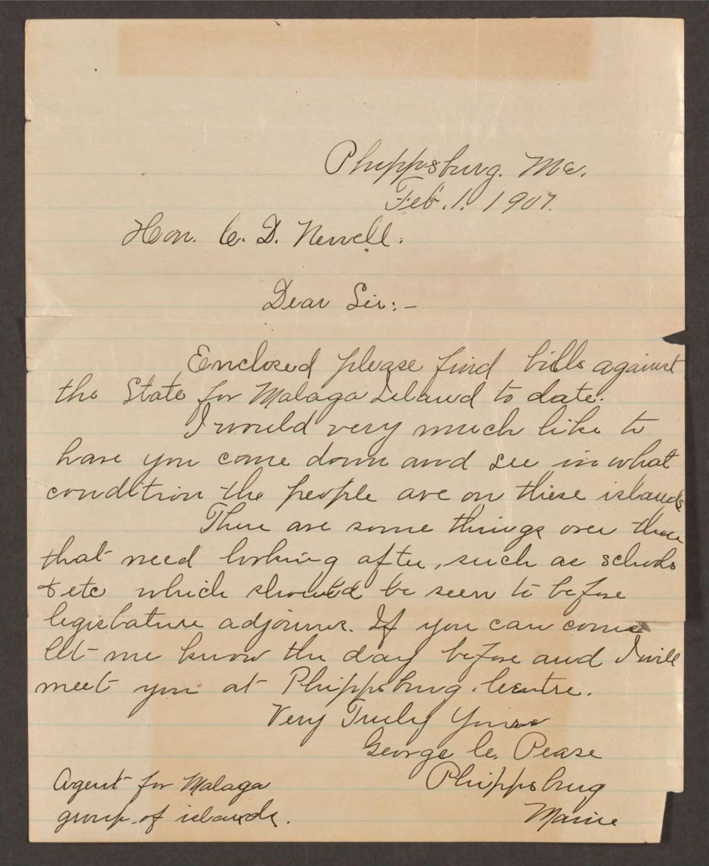 Miniature of Letter to Hon. C.D. Newell from George C. Pease regarding bills due for Malaga Island