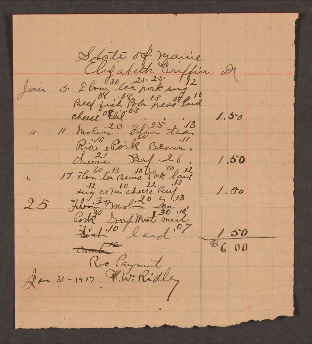 Miniature of Account with F.W. Ridley for Elizabeth Griffin