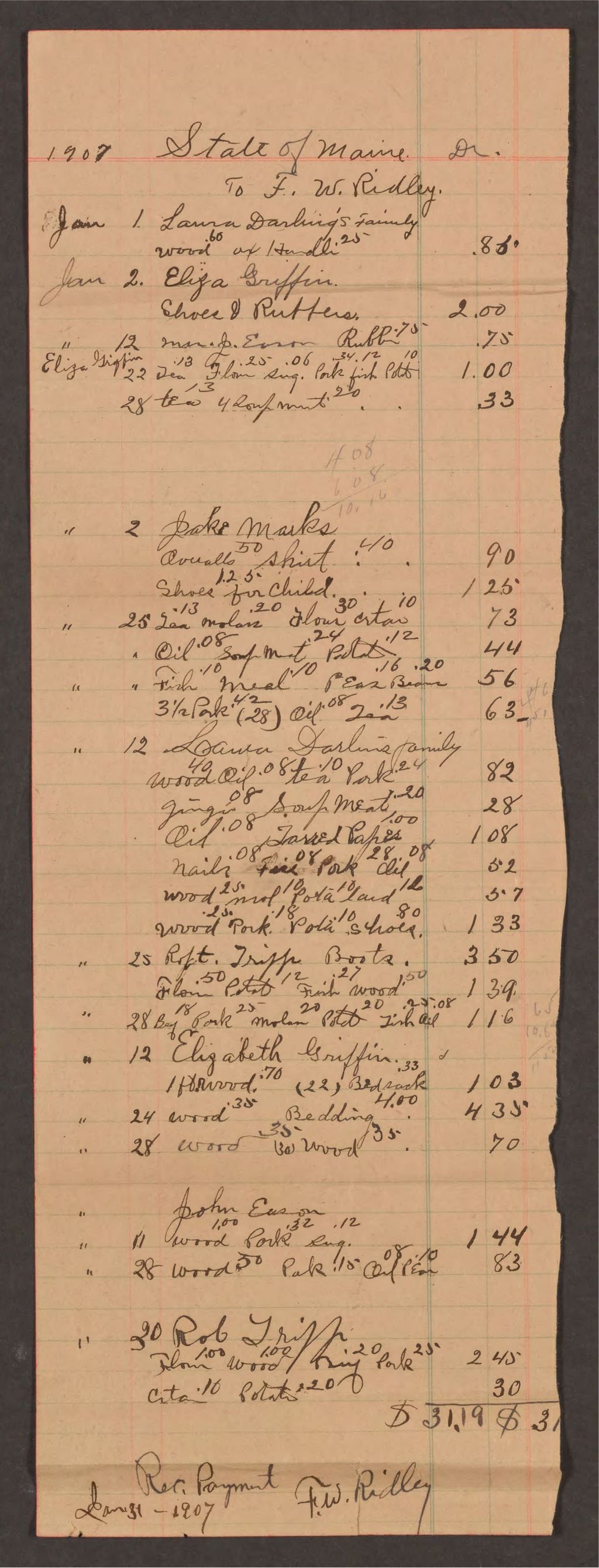 Miniature of Account with F.W. Ridley for support of paupers