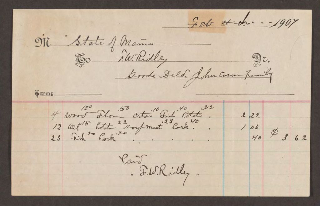 Miniature of Account with F.W. Ridley for John Eason and family