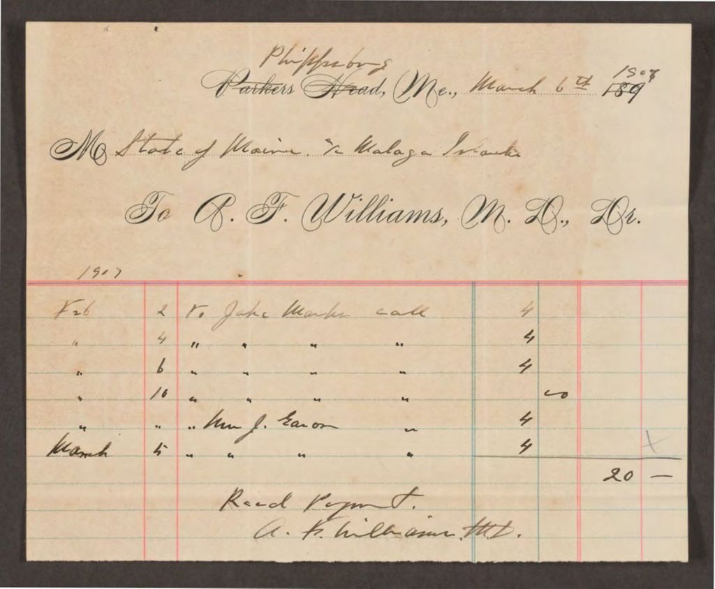 Miniature of Account with A.F. Williams, M.D. for services to Jake Marks and Mrs. John Eason