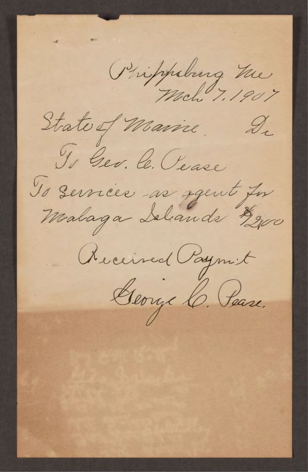 Miniature of Account with George C. Pease for services rendered in behalf of paupers on Malaga Island