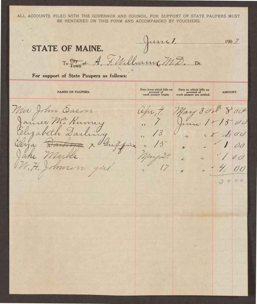 Miniature of Account with A.F. Williams, M.D. for services to residents of Malaga Island