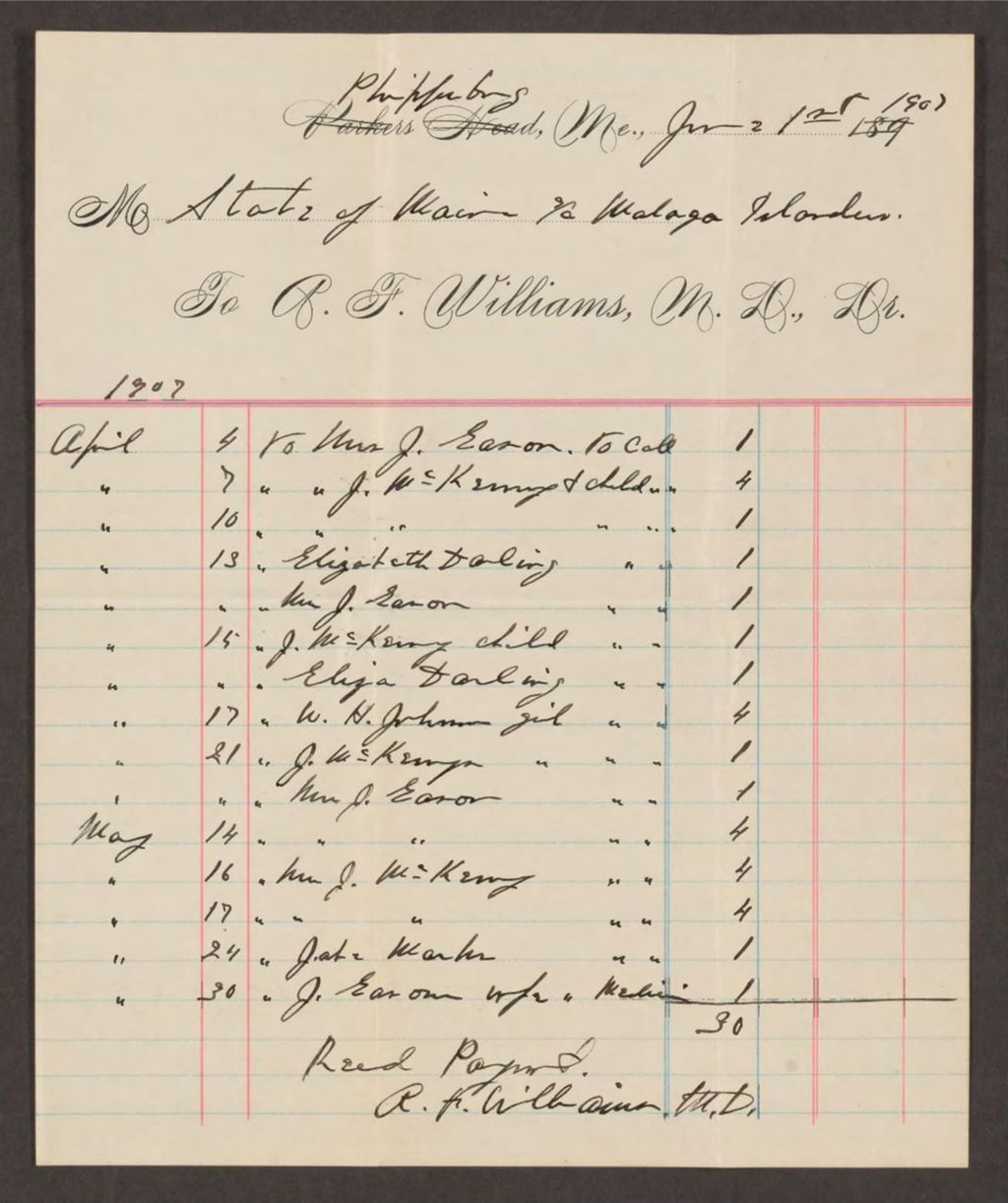 Miniature of Account with A.F. Williams, M.D. for services to residents of Malaga Island