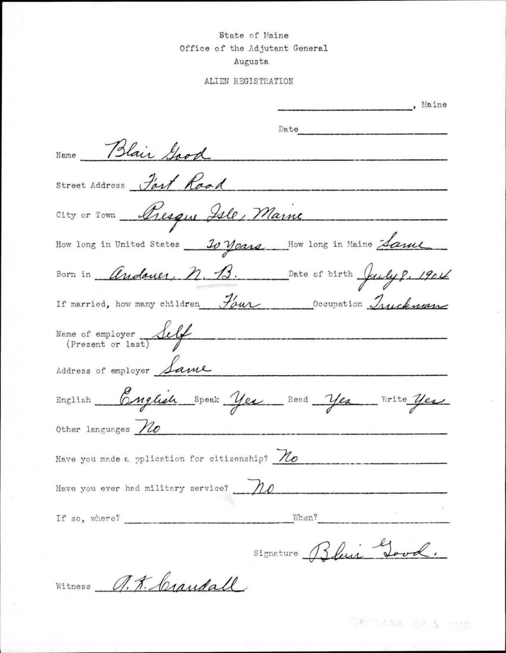 Miniature of Alien Registration- Good, Blair (Presque Isle, Aroostook County)