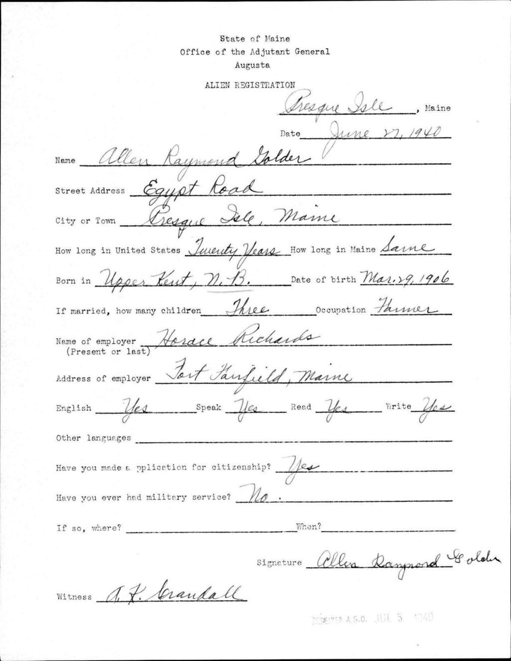Miniature of Alien Registration- Golder, Allen R. (Presque Isle, Aroostook County)