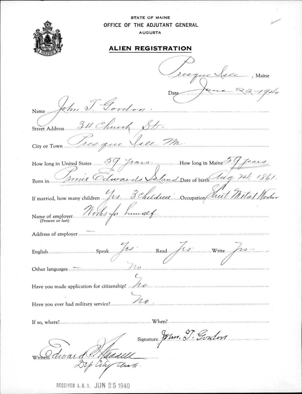 Miniature of Alien Registration- Gordon, John T. (Presque Isle, Aroostook County)