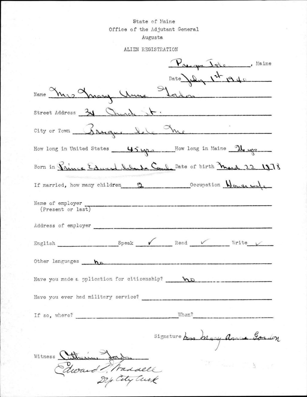 Miniature of Alien Registration- Gordon, Mary A. (Presque Isle, Aroostook County)
