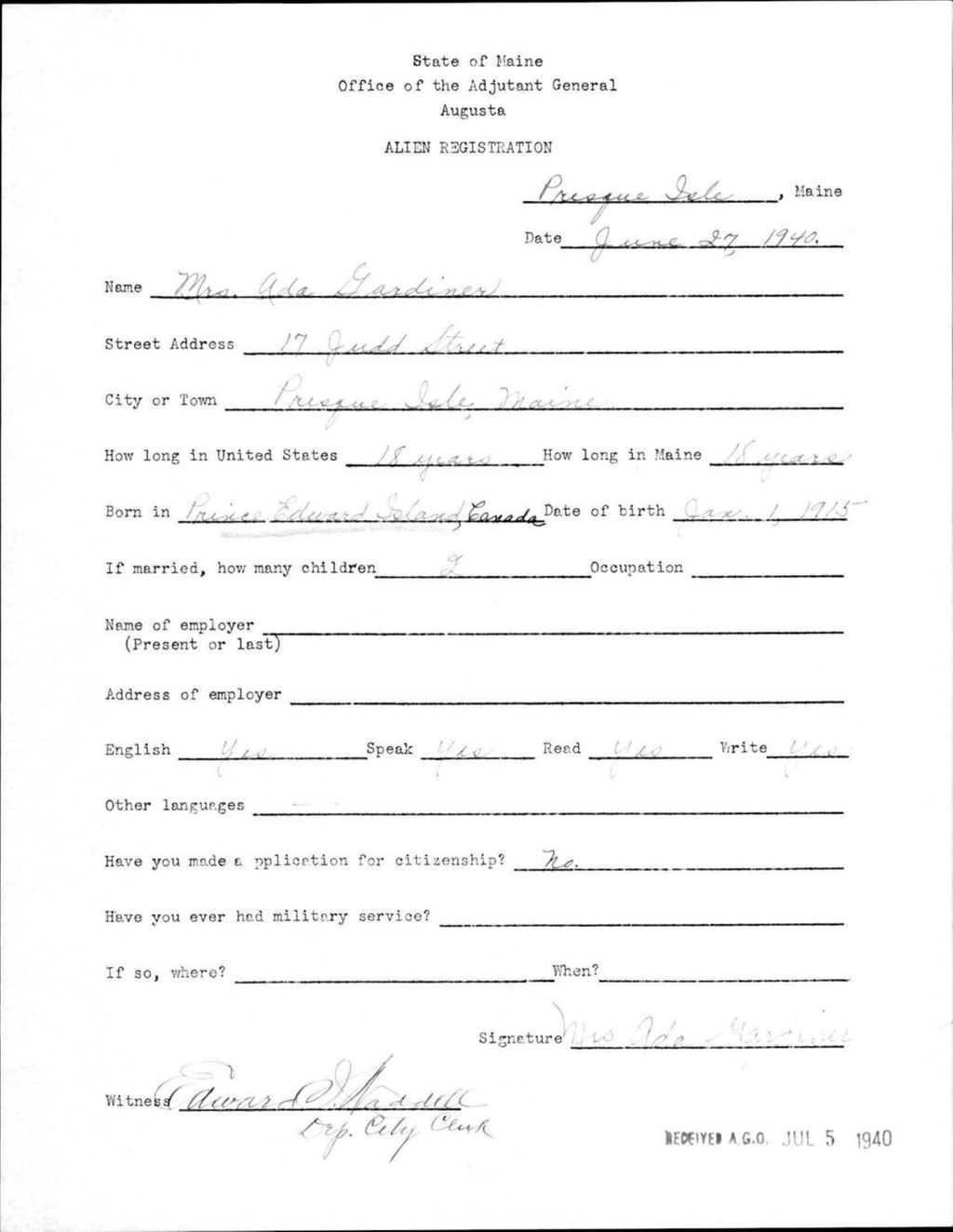 Miniature of Alien Registration- Gardiner, Ada (Presque Isle, Aroostook County)