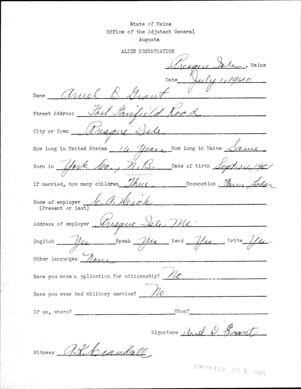 Miniature of Alien Registration- Grant, Ariel D. (Presque Isle, Aroostook County)