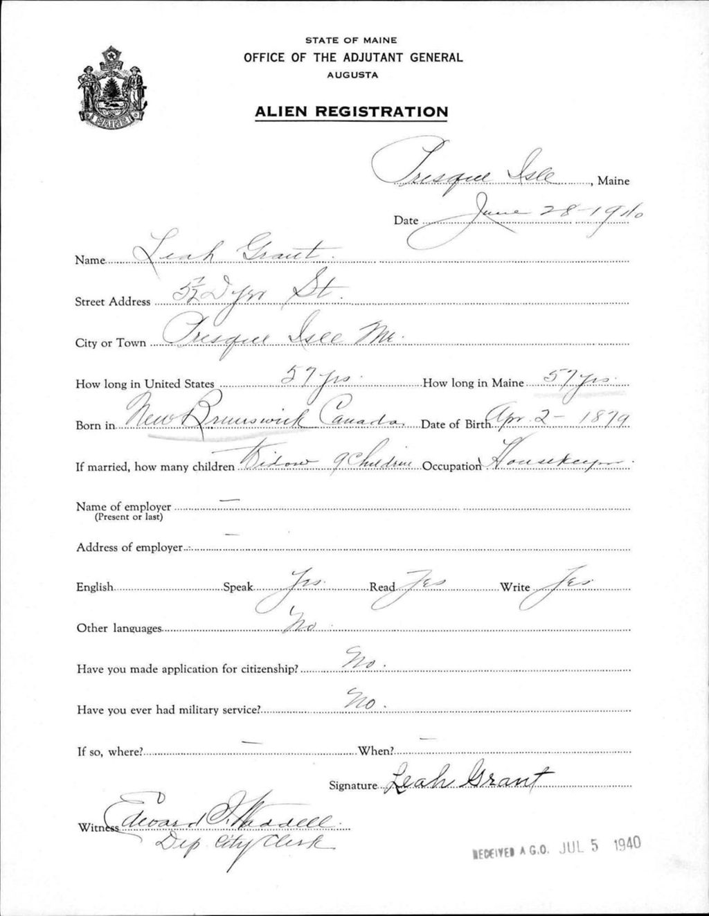 Miniature of Alien Registration- Grant, Leah (Presque Isle, Aroostook County)
