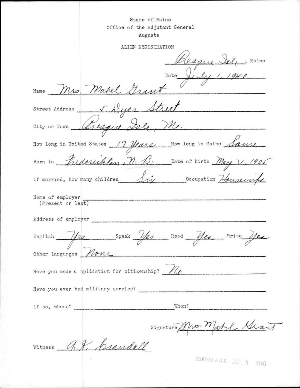 Miniature of Alien Registration- Grant, Mabel (Presque Isle, Aroostook County)