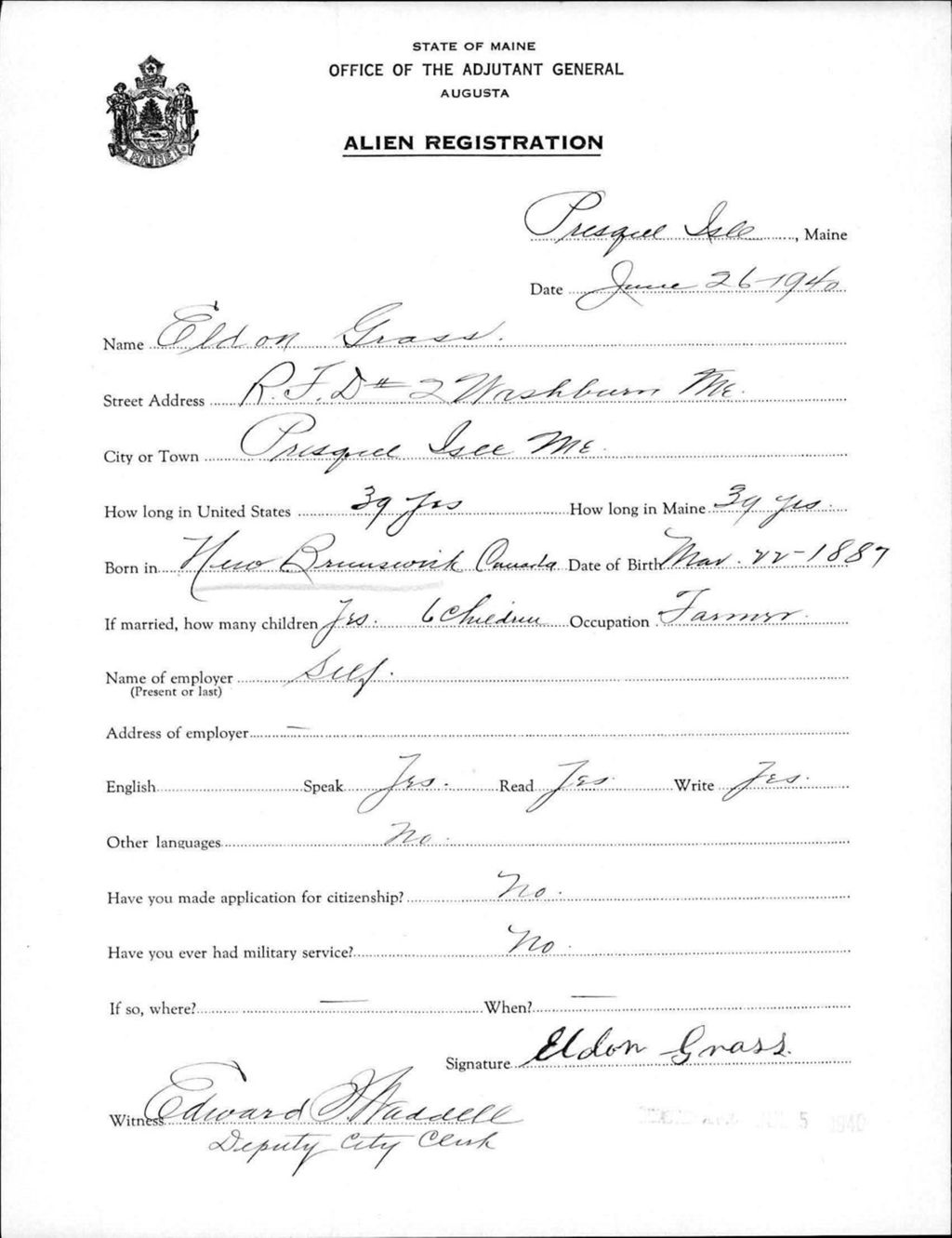 Miniature of Alien Registration- Grass, Eldon (Presque Isle, Aroostook County)