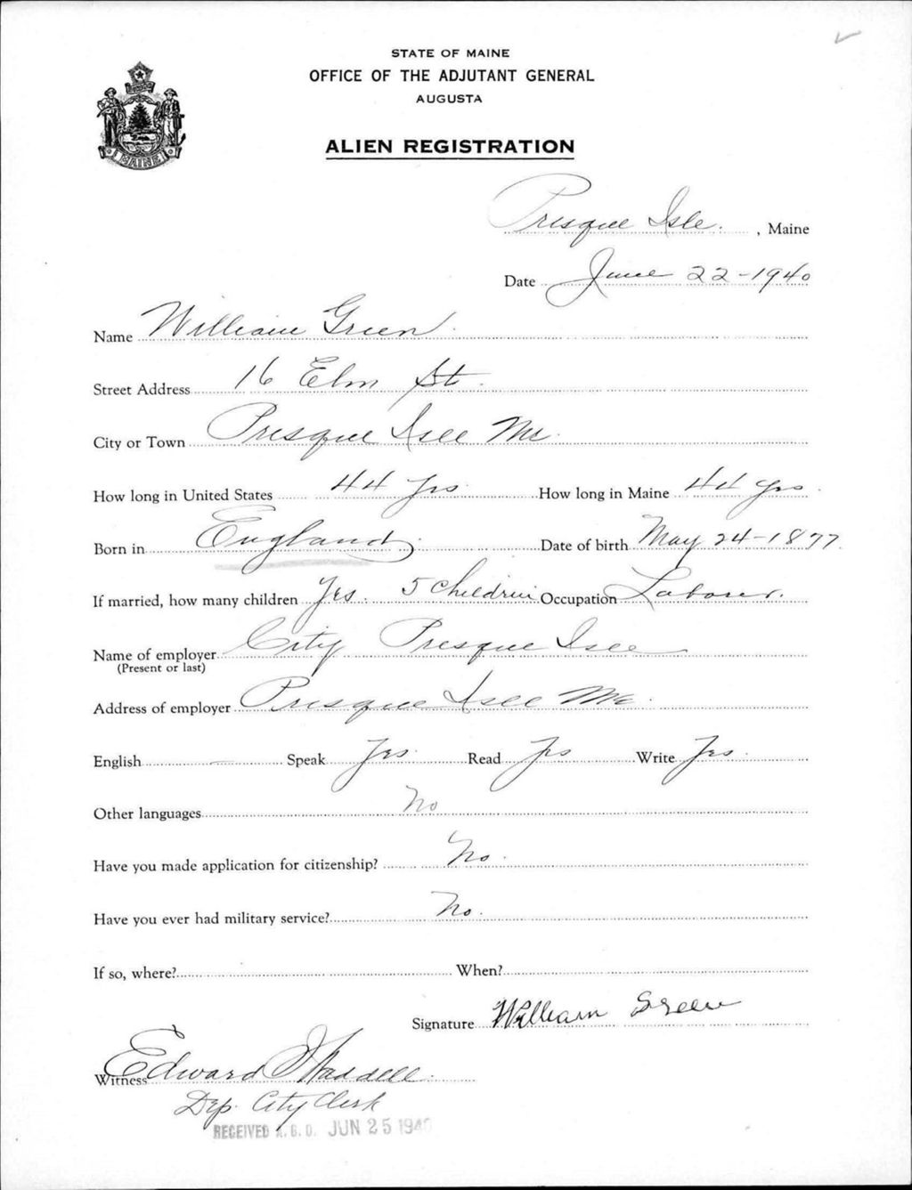Miniature of Alien Registration- Green, William (Presque Isle, Aroostook County)