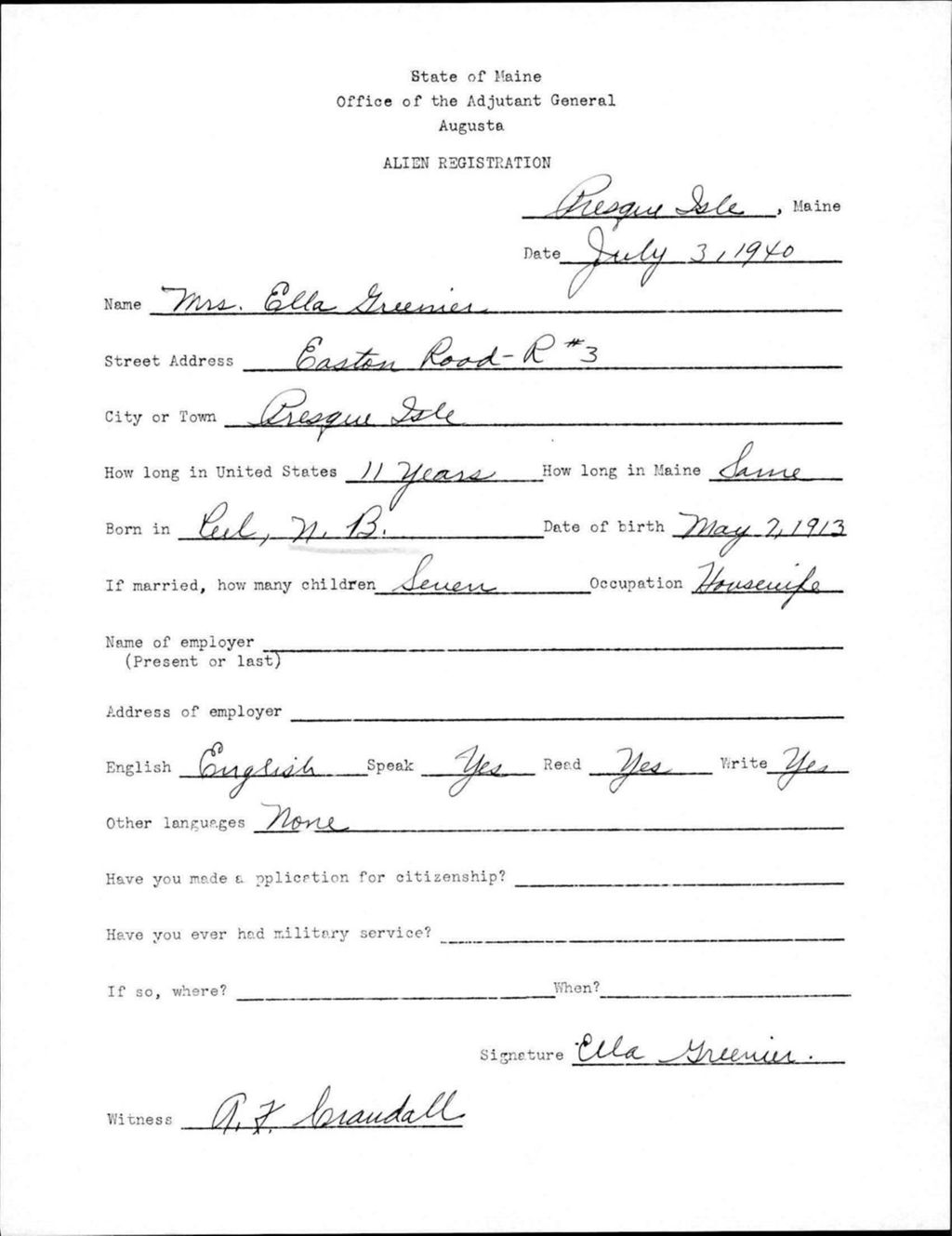 Miniature of Alien Registration- Greenier, Ella (Presque Isle, Aroostook County)