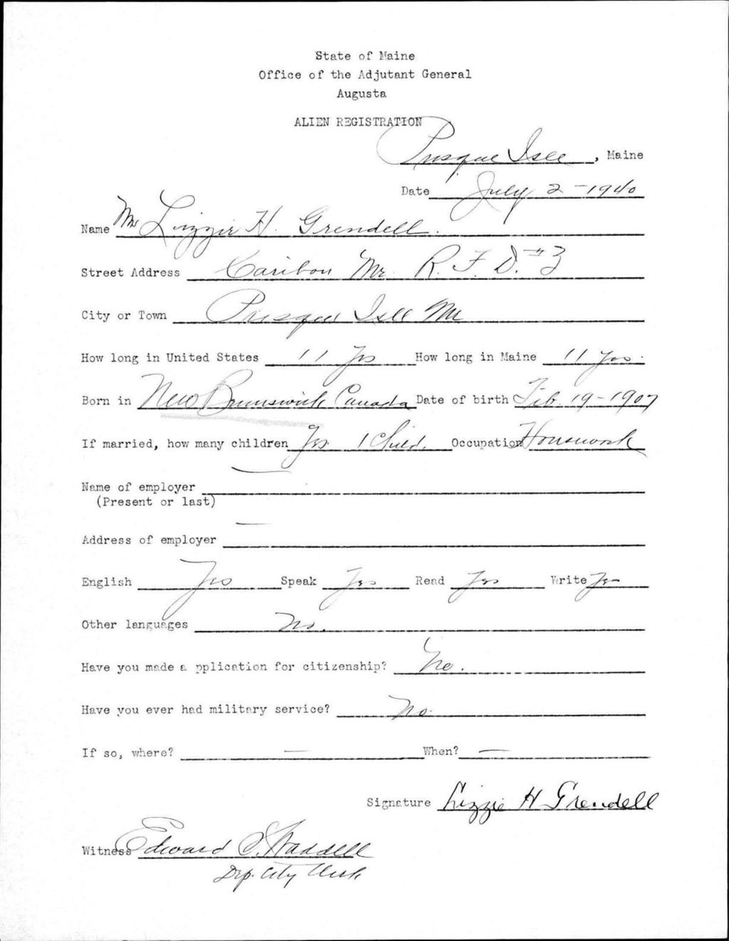 Miniature of Alien Registration- Grendell, Lizzie H. (Presque Isle, Aroostook County)