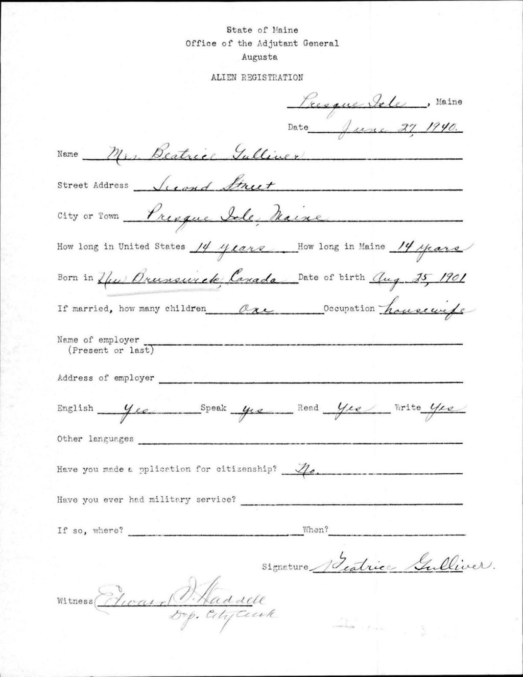 Miniature of Alien Registration- Gulliver, Beatrice (Presque Isle, Aroostook County)
