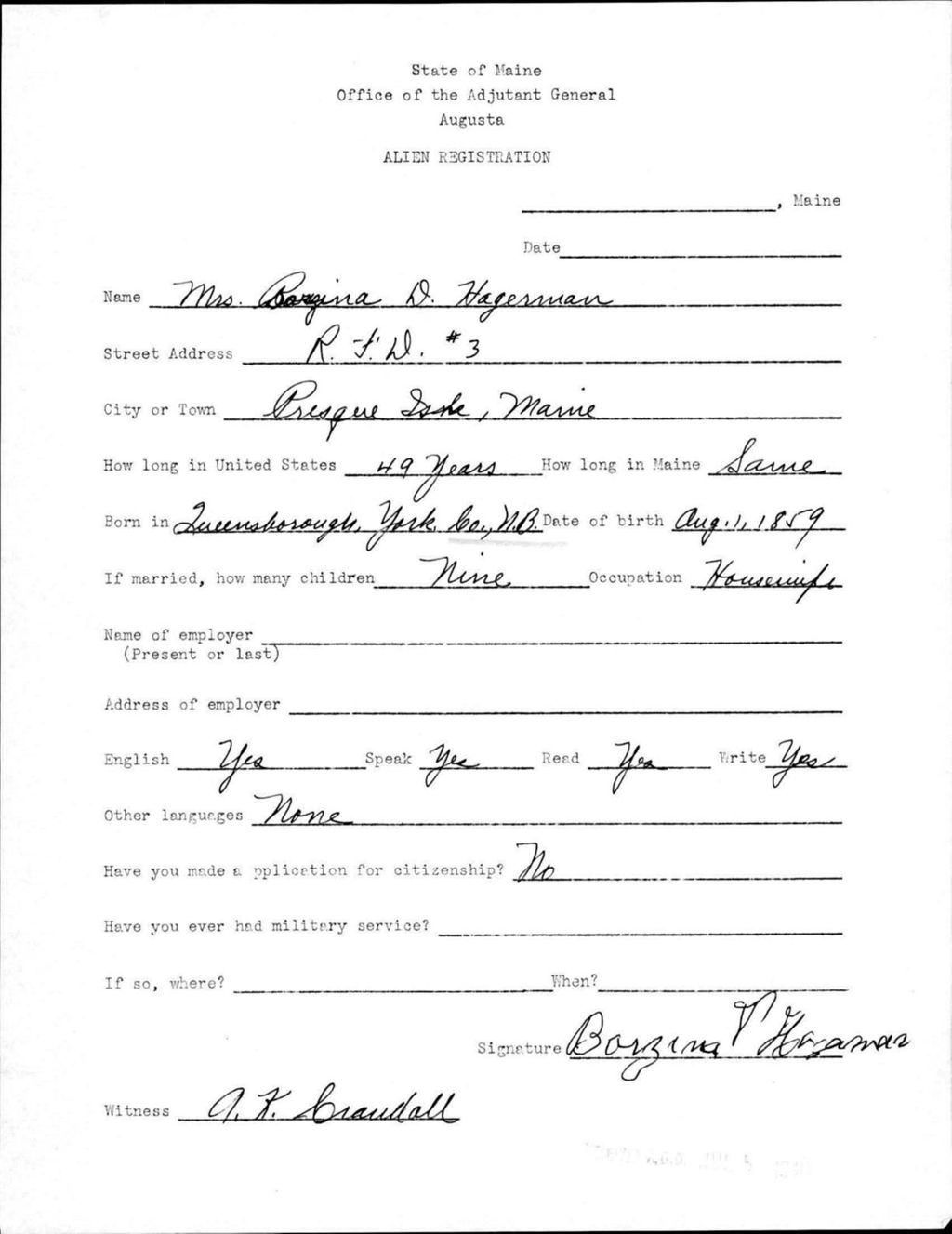 Miniature of Alien Registration- Hagerman, Regina D. (Presque Isle, Aroostook County)