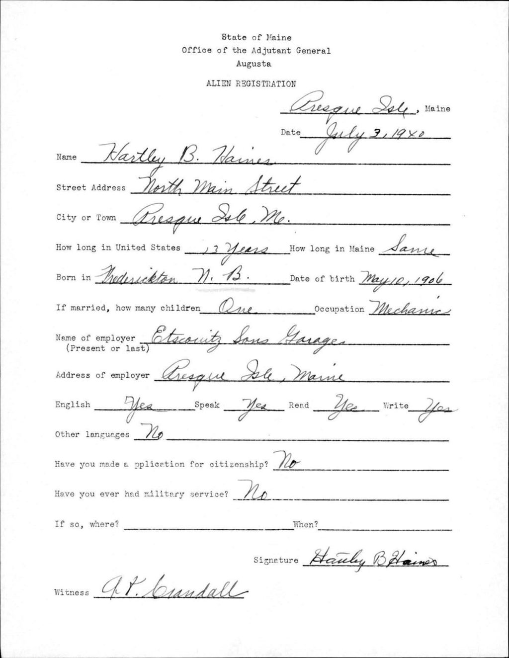 Miniature of Alien Registration- Haines, Hartley B. (Presque Isle, Aroostook County)