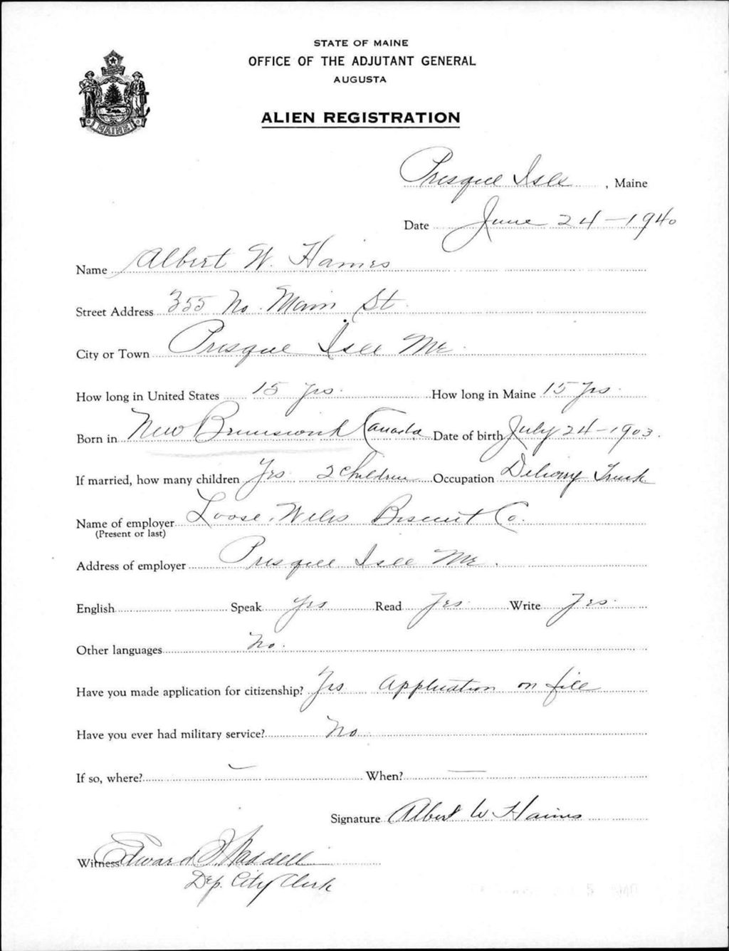 Miniature of Alien Registration- Harris, Albert W. (Presque Isle, Aroostook County)