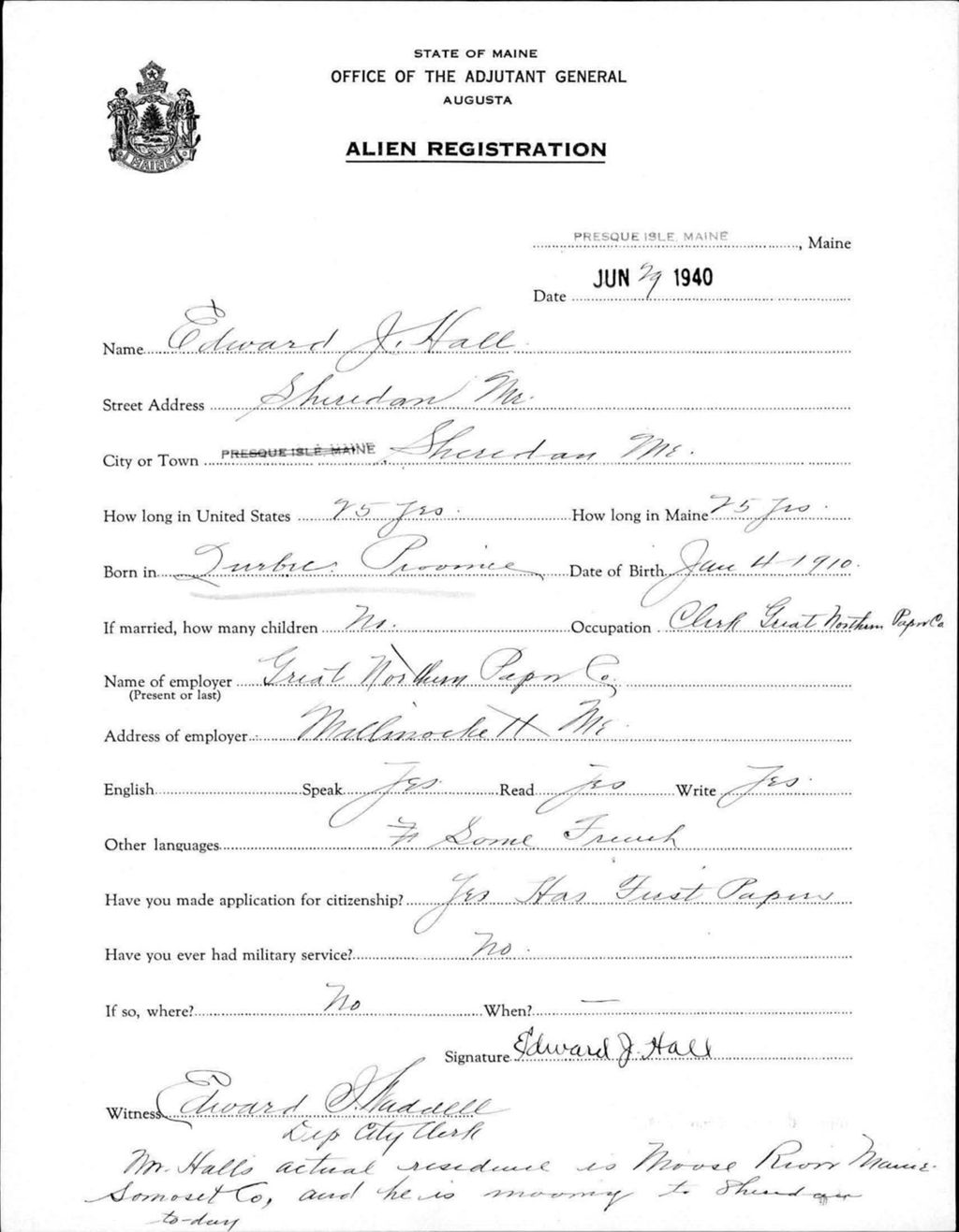 Miniature of Alien Registration- Hall, Edward J. (Presque Isle, Aroostook County)