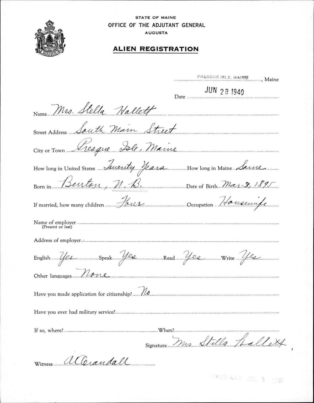 Miniature of Alien Registration- Hallett, Stella (Presque Isle, Aroostook County)