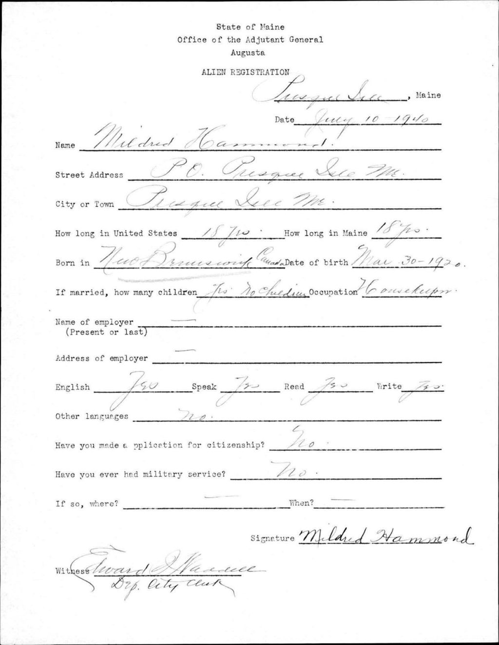 Miniature of Alien Registration- Hammond, Mildred (Presque Isle, Aroostook County)
