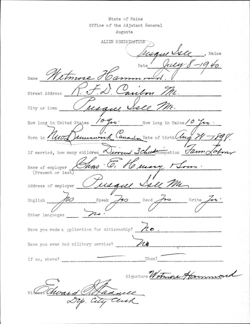 Miniature of Alien Registration- Hammond, Wetmore (Presque Isle, Aroostook County)