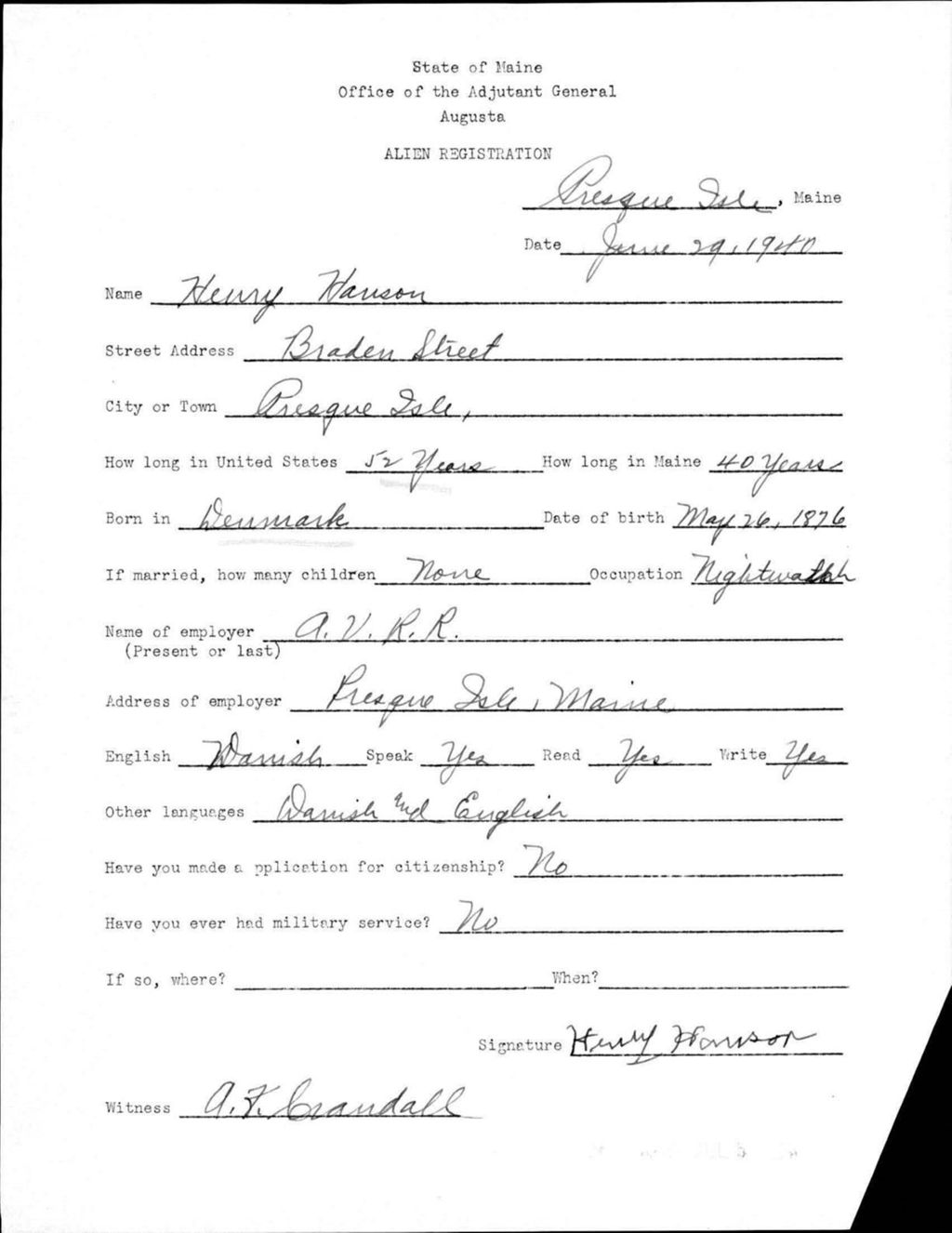 Miniature of Alien Registration- Hanson, Henry (Presque Isle, Aroostook County)