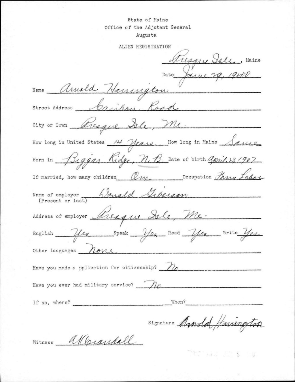 Miniature of Alien Registration- Harrington, Arnold (Presque Isle, Aroostook County)