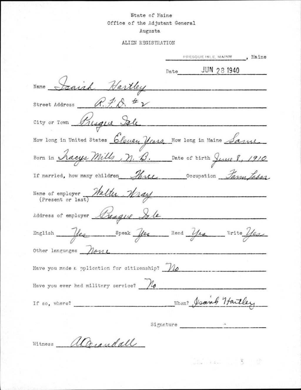 Miniature of Alien Registration- Hartley, Isaiah (Presque Isle, Aroostook County)