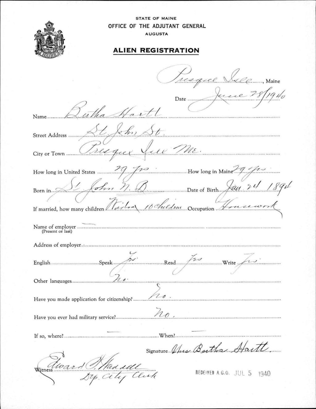 Miniature of Alien Registration- Hartt, Bertha (Presque Isle, Aroostook County)