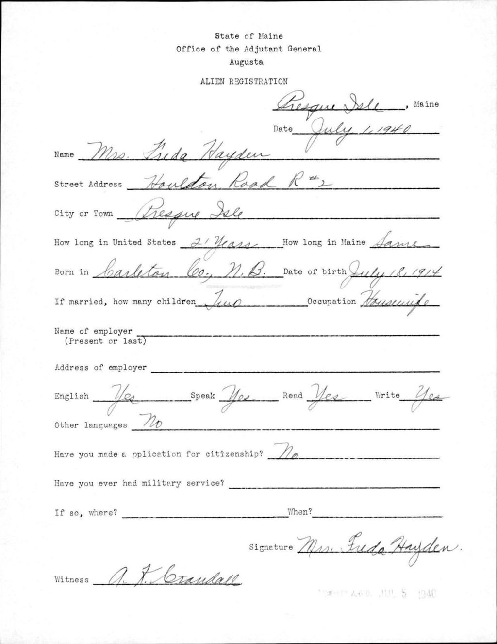 Miniature of Alien Registration- Hayden, Freda (Presque Isle, Aroostook County)