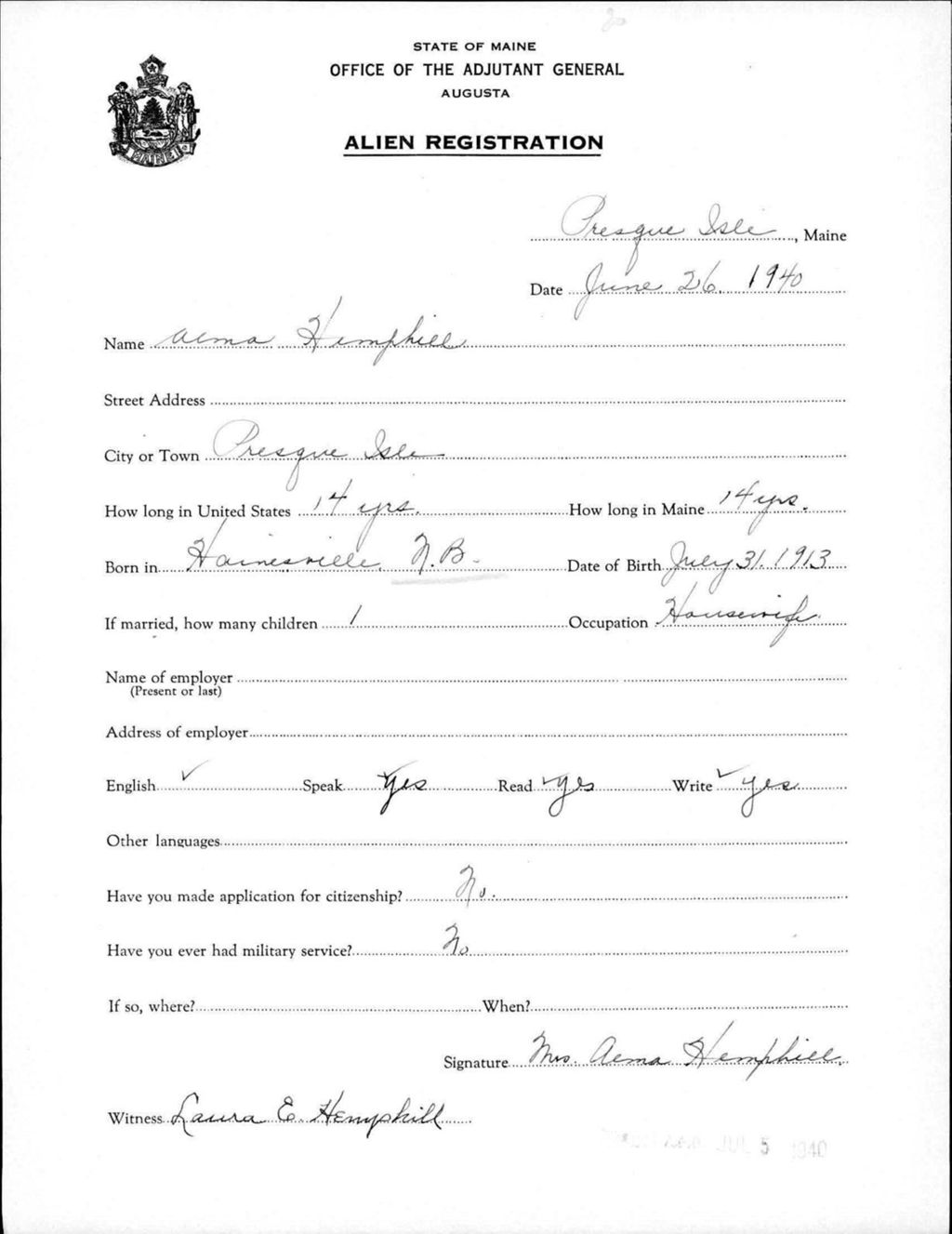 Miniature of Alien Registration- Hemphill, Aima (Presque Isle, Aroostook County)
