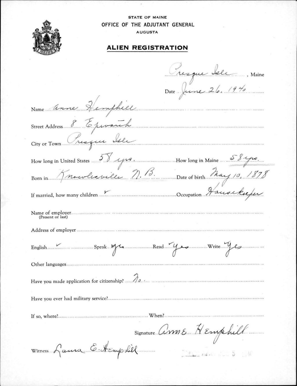 Miniature of Alien Registration- Hemphill, Anne (Presque Isle, Aroostook County)