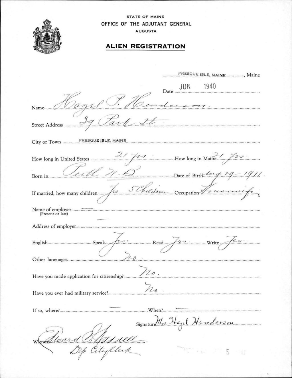 Miniature of Alien Registration- Henderson, Hazel P. (Presque Isle, Aroostook County)