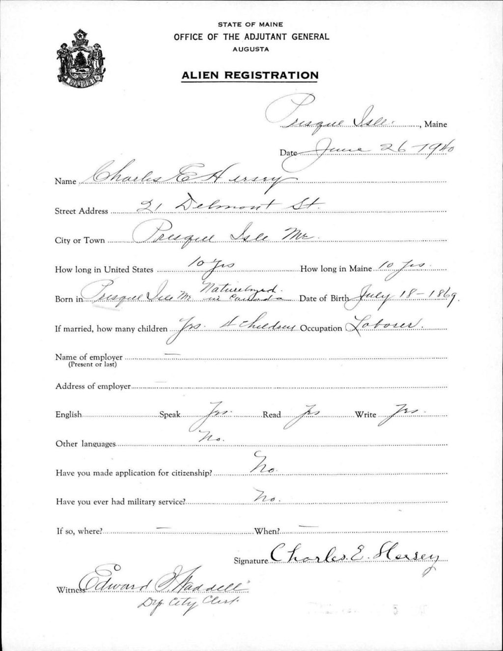 Miniature of Alien Registration- Hersey, Charles E. (Presque Isle, Aroostook County)