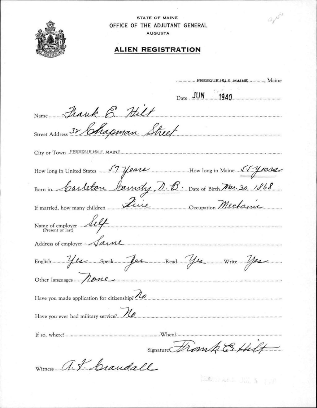 Miniature of Alien Registration- Hilt, Frank E. (Presque Isle, Aroostook County)