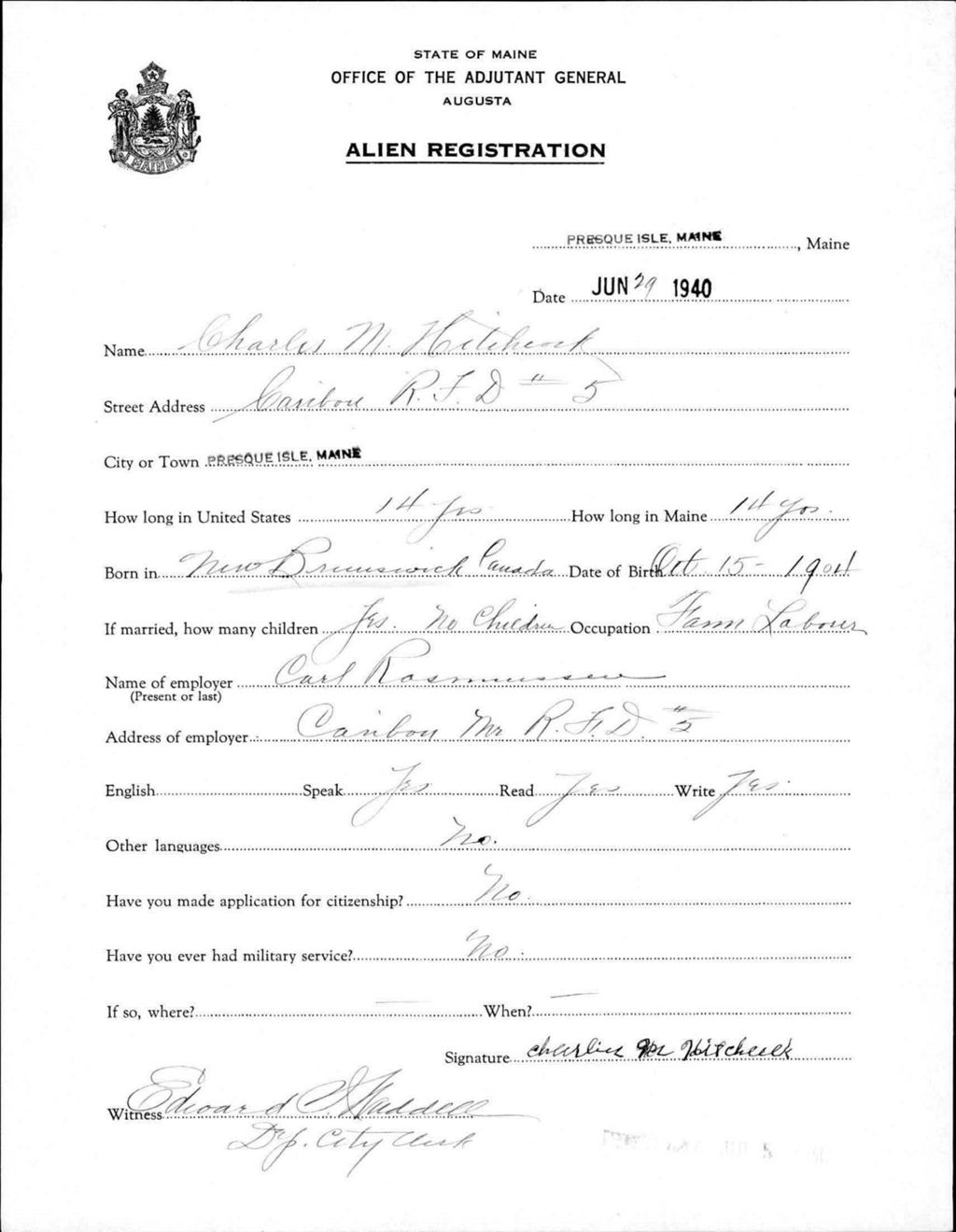 Miniature of Alien Registration- Hitchcock, Charles M. (Presque Isle, Aroostook County)