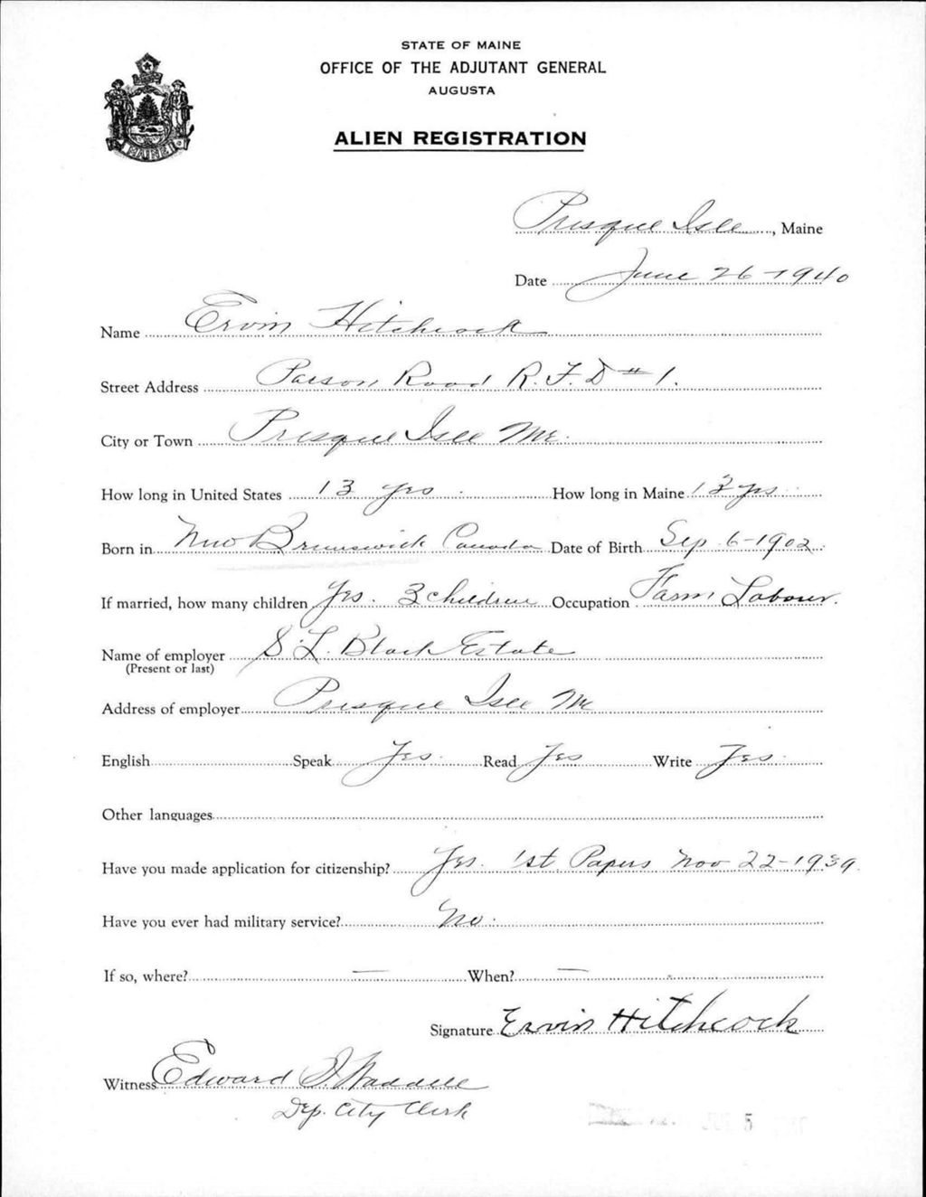 Miniature of Alien Registration- Hitchcock, Ervin (Presque Isle, Aroostook County)