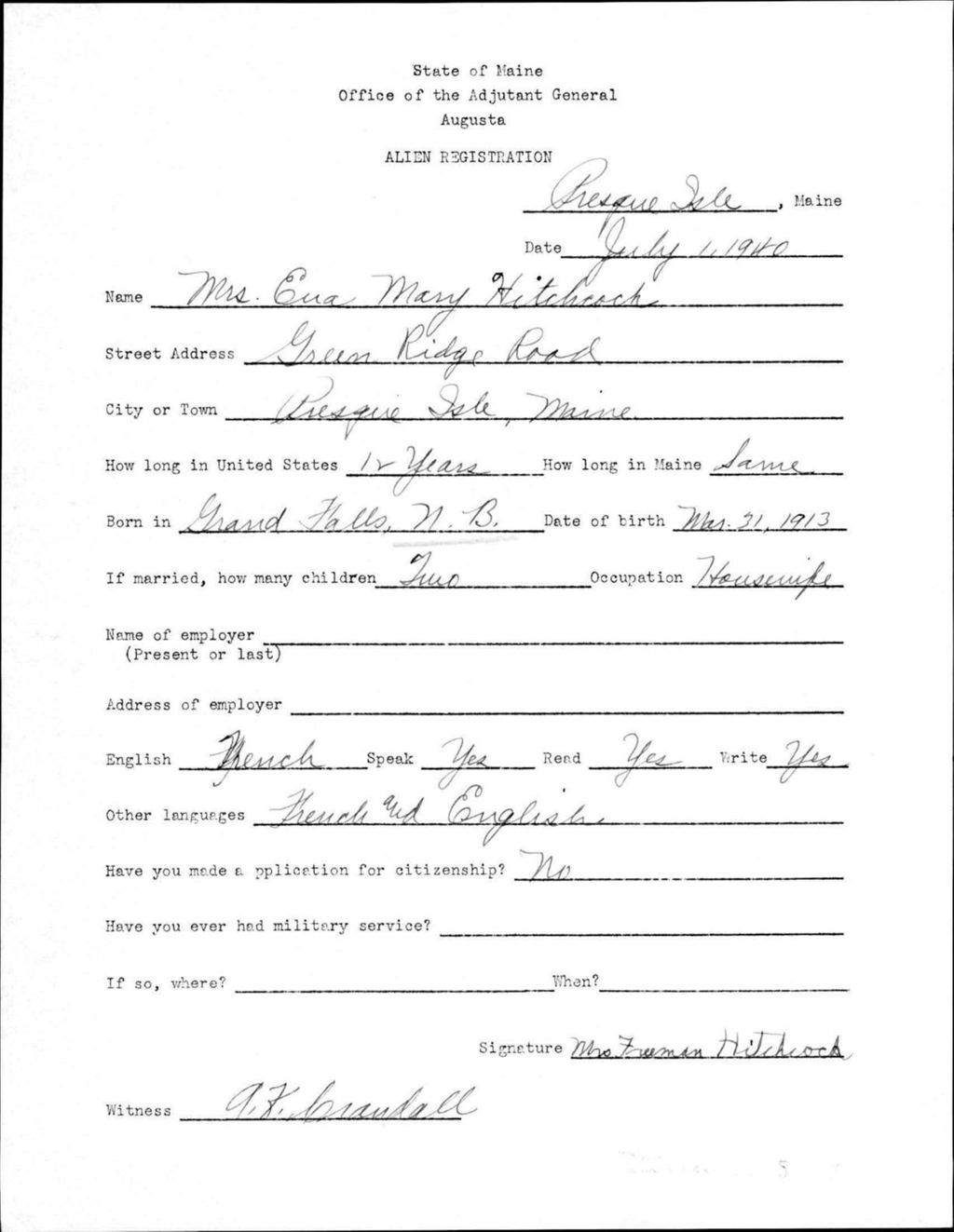 Miniature of Alien Registration- Hitchcock, Eva M. (Presque Isle, Aroostook County)