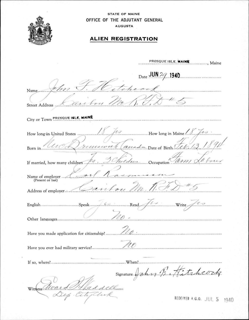 Miniature of Alien Registration- Hitchcock, John F. (Presque Isle, Aroostook County)