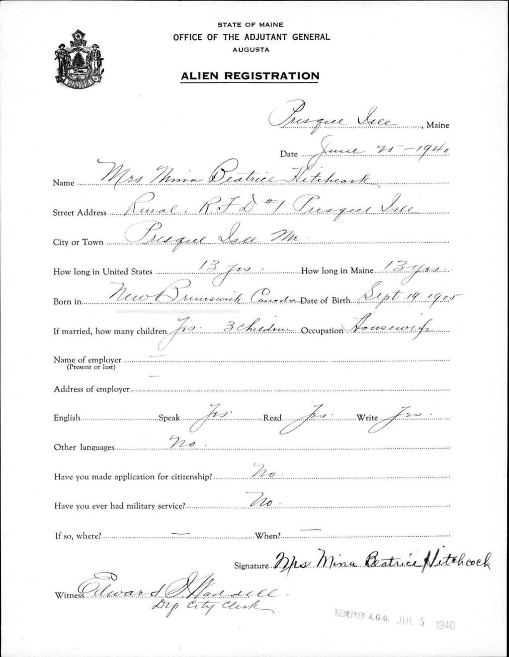 Miniature of Alien Registration- Hitchcock, Nina B. (Presque Isle, Aroostook County)
