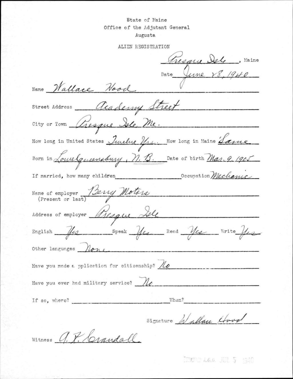 Miniature of Alien Registration- Hood, Wallace (Presque Isle, Aroostook County)