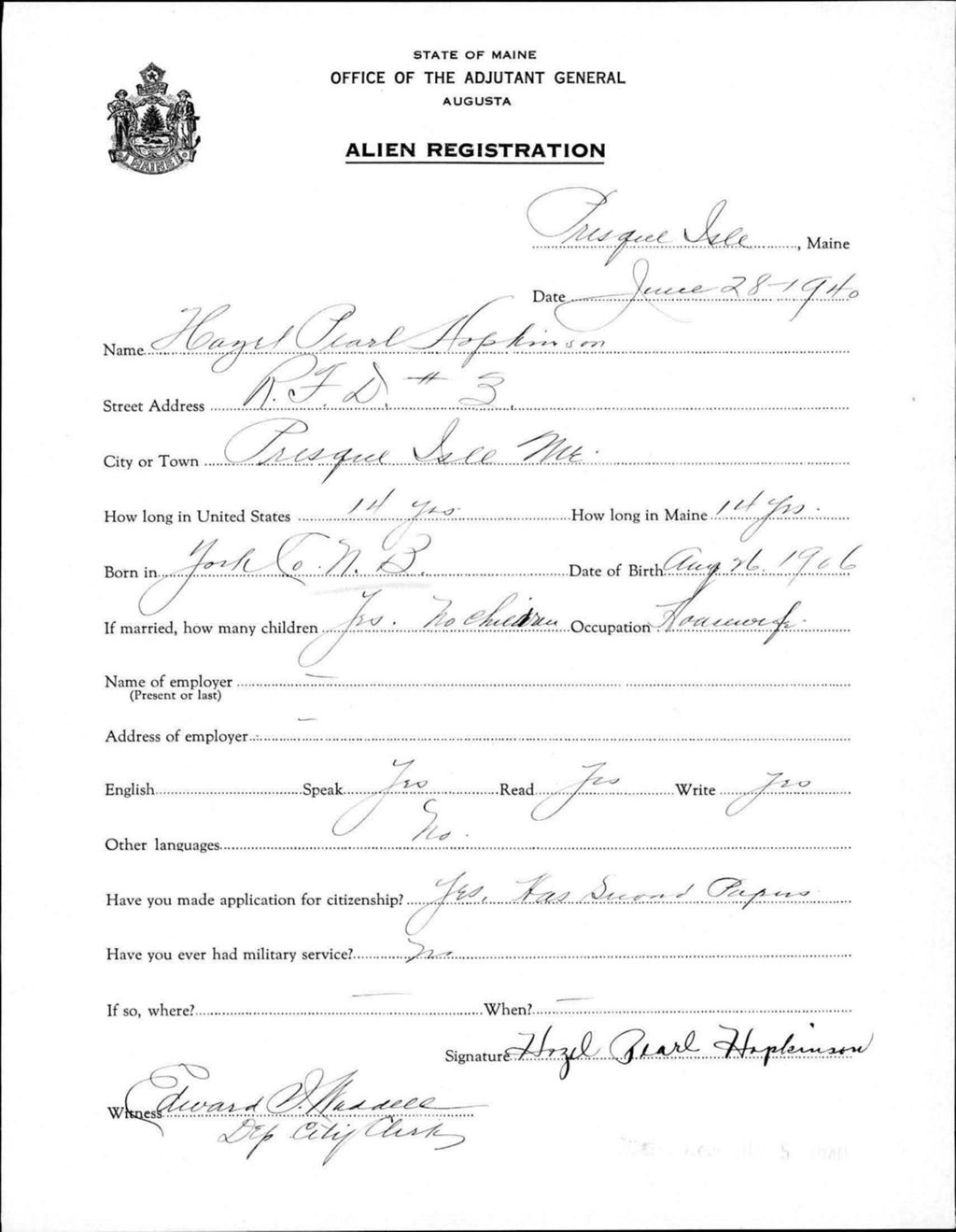 Miniature of Alien Registration- Hopkinson, Hazel P. (Presque Isle, Aroostook County)